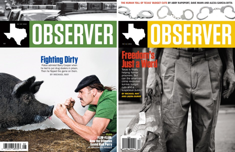 The Texas Observer covers: Left: Matt Wright Steel; Right: Lance Rosenfield